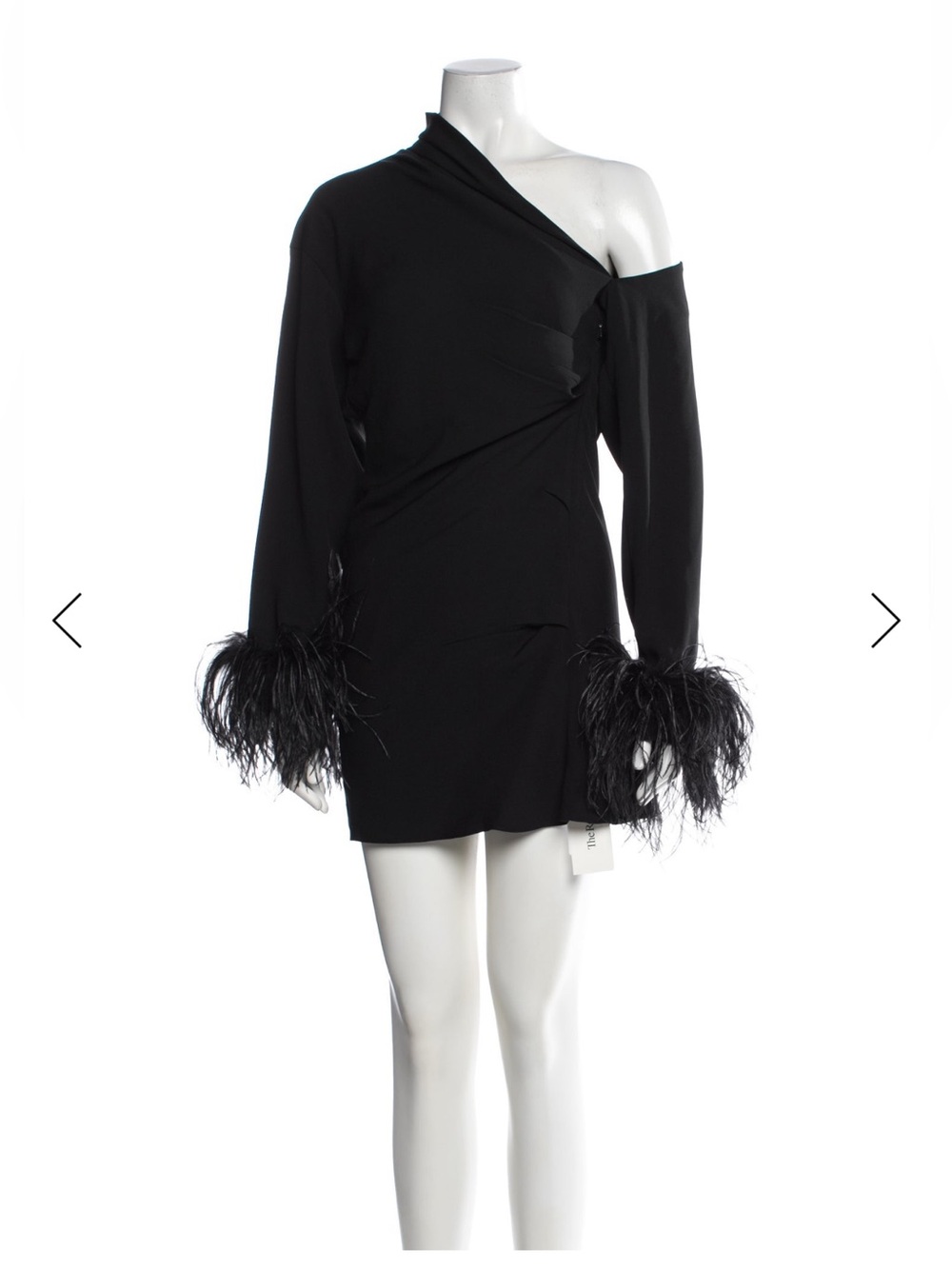 16ARLINGTON Asymmetric One-Shoulder Mini Dress with Ostrich Feather Cuffs